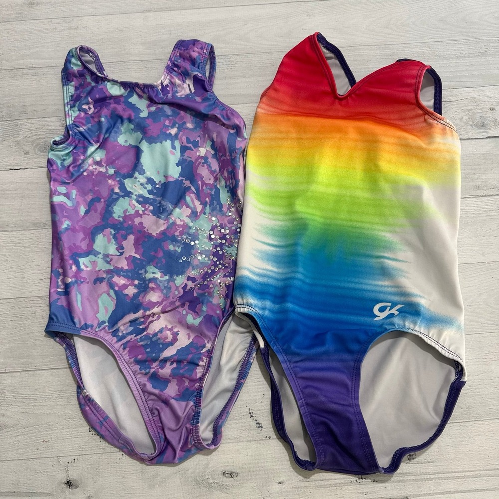 GK girls leotards Purple and blue and rainbow child medium